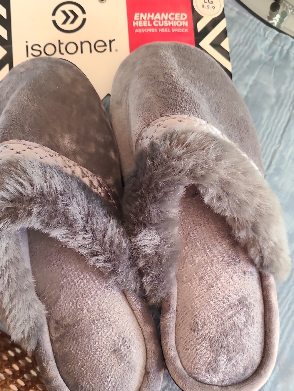 isotoner Women's Gray Faux-Fur Lined Slip-On Slippers